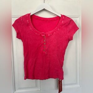 SHEIN Bright Pink Short Sleeve Henley Tee